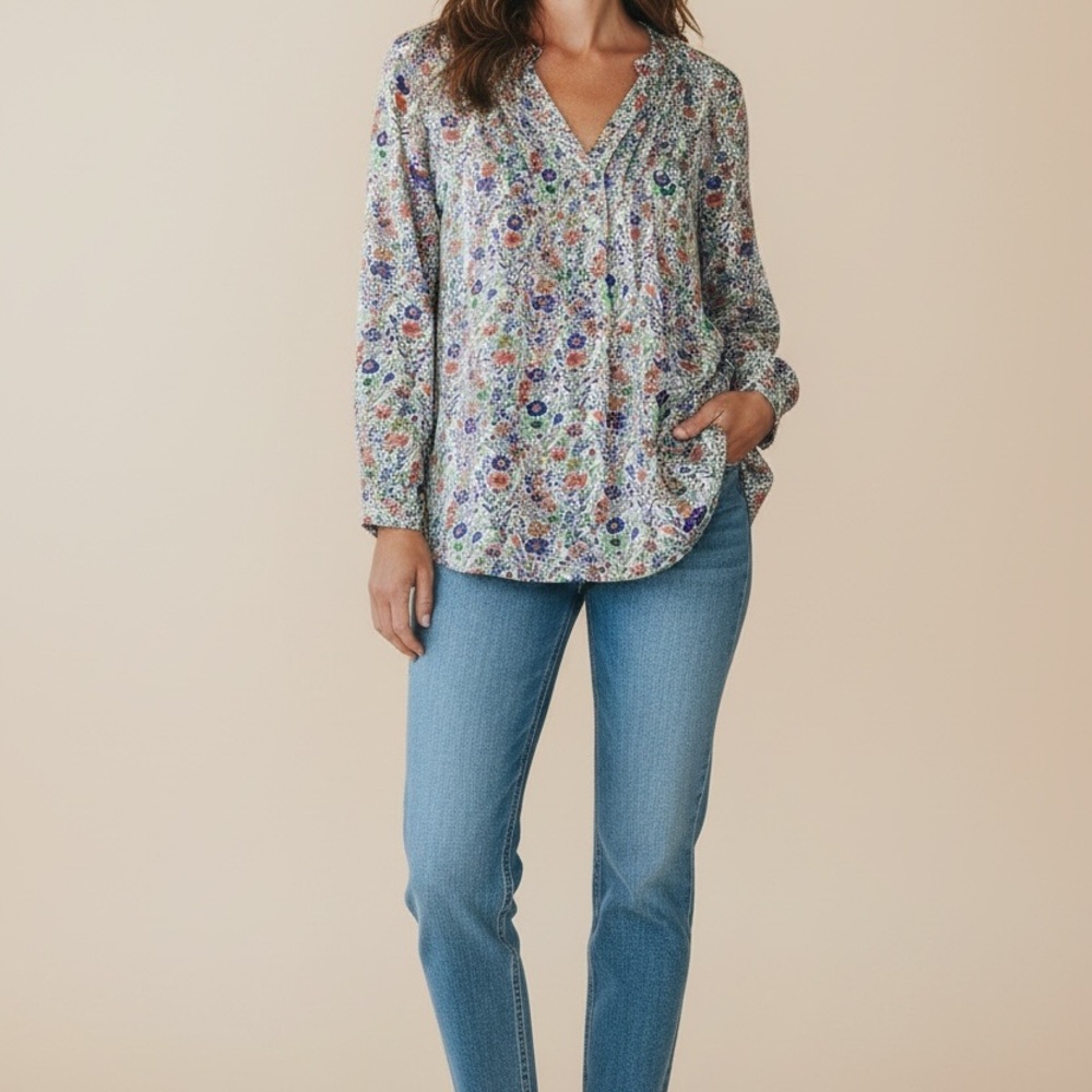 Rose + Olive Cottage Boho Chiffon Floral Tunic Top 2X Multi V Neck 3/4 Sleeves